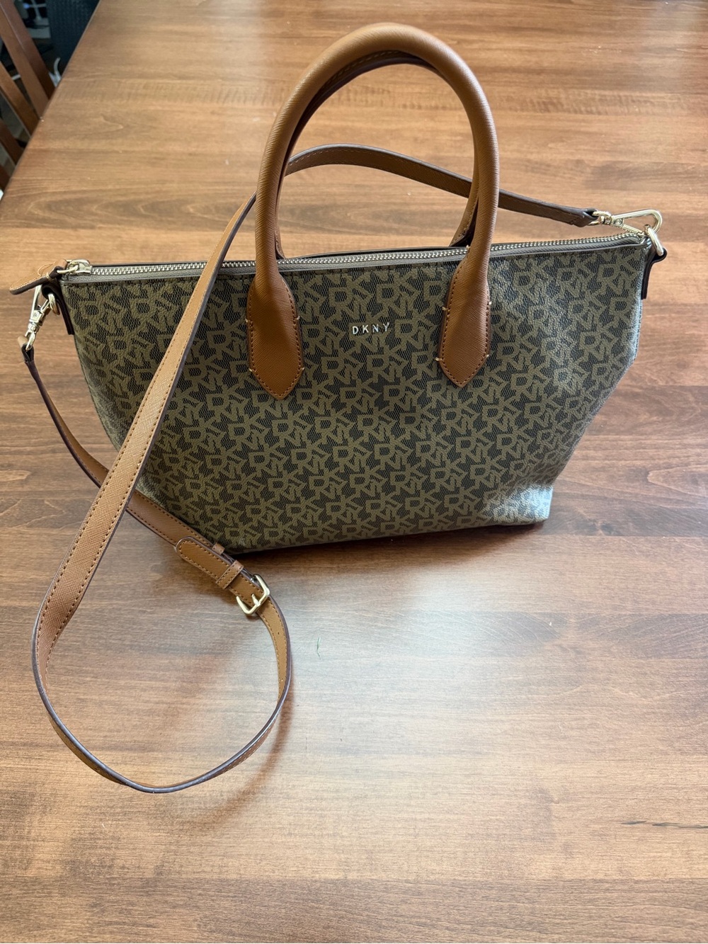 DKNY Brown Monogram Satchel with Tan Leather Trim